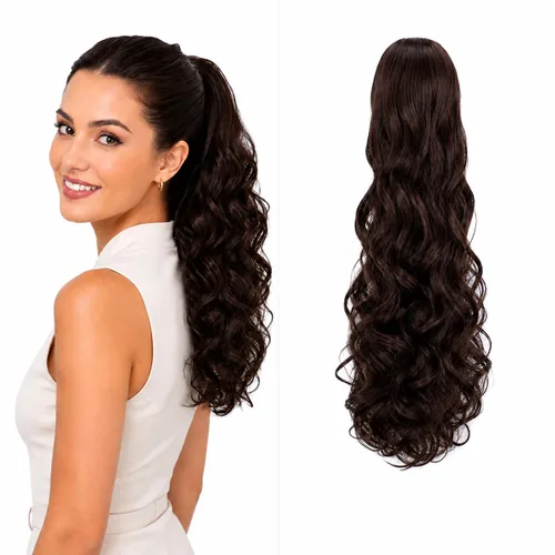 Vista 16 de CAISHA Extensiones de cola de caballo de 18 pulgadas, voluminosas, onduladas, marrón ceniza, mezcla de rubio claro PH35