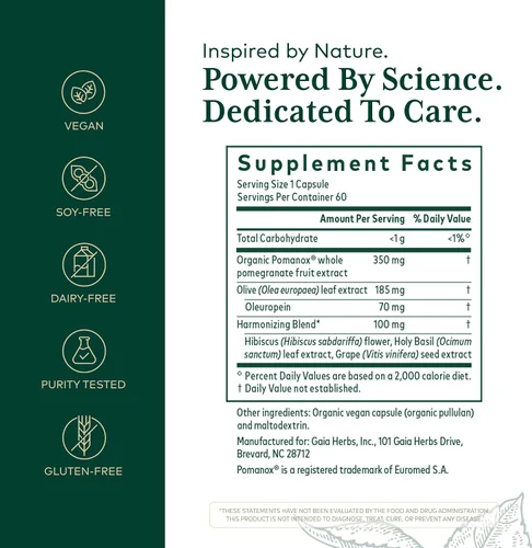 Vista 2 de GAIA HERBS PRO Complejo sistólico - Suplemento de apoyo cardiovascular* - Extracto de granada de Pomanox, hoja de olivo, hibisco, semilla de uva