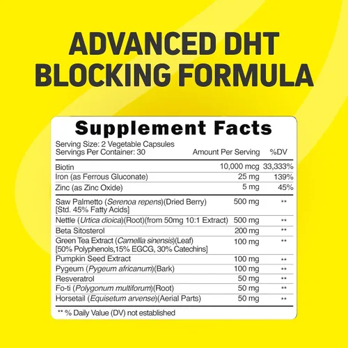 Vista 5 de Vitaminas para el crecimiento del cabello para mujeres y hombres Bloqueador DHT con palma enana americana y 10000 mcg de biotina, suplemento