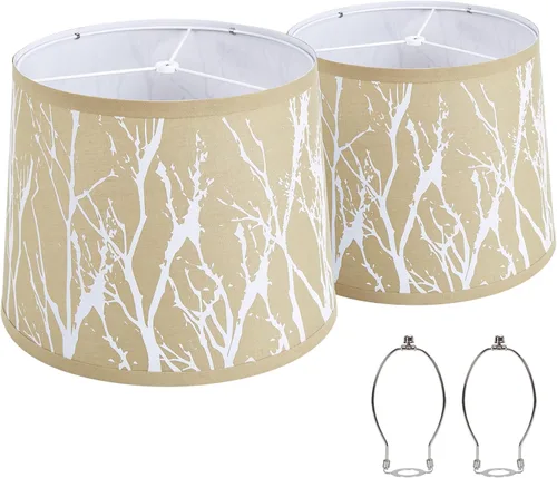 Vista 11 de Juego de 2 pantallas para lámpara de mesa y de pie, pantallas con diseño de flores, 12.7" superior x 12.7" inferior x 10" de alto, lino natural