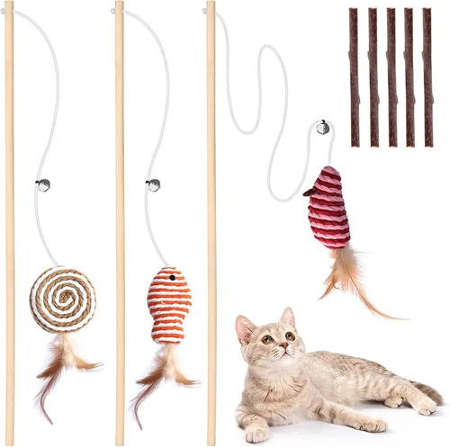 Vista 9 de KABB Juguetes para gatos de interior, 3 piezas de 16 pulgadas de madera natural para gatos con recambios de teaser para gatos y gatitos que se Lino