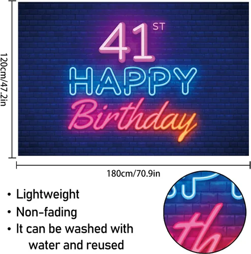 Vista 2 de Cartel de fondo de neón brillante con texto en inglés «Happy 41st Birthday», decoración temática de fiesta de cumpleaños de 41 años para hombres