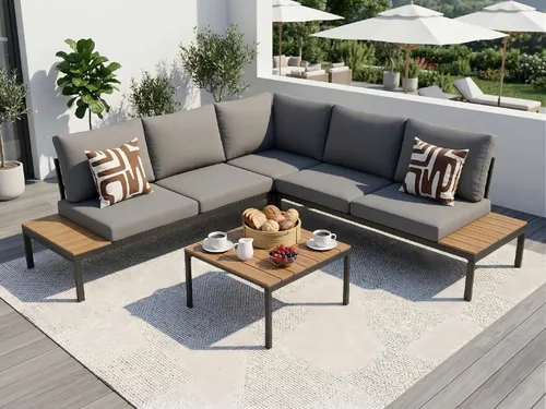 Vista 18 de KLMM Sofá modular de madera de acacia en forma de L para patio con cojines extraíbles y mesa auxiliar, juego de conversación al aire libre con mesa