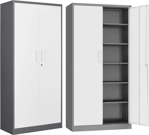 Vista 8 de Gabinete de almacenamiento de metal para garaje, armario de almacenamiento con cerradura de 71 pulgadas con 2 estantes ajustables y 1 cajón