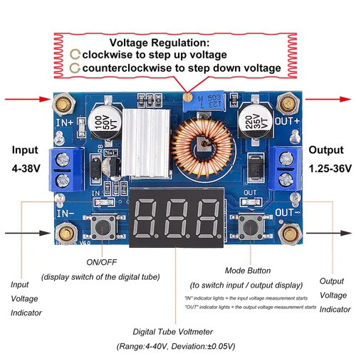 Vista 4 de [Paquete de 2] Convertidor DC-DC 5A Buck 4-38V a 1.25-36V Regulador de voltaje reductor Módulo de alta potencia con pantalla LED