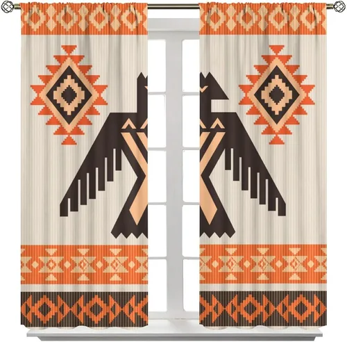 Vista 258 de Cortinas con patrón geométrico tribal, estilo suroeste, azteca, rústico, occidental, nativo americano, opacas, con bolsillo para barra, decoración
