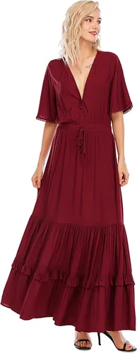 Vista 3 de R.Vivimos - Vestido por debajo de la rodilla bohemio para mujer, de manga corta, algodón, cuello en V, diseño floral y estilo informal
