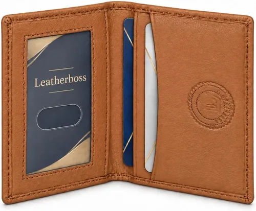 Vista 13 de Leatherboss Cartera Bifold Delgada de Cuero Genuino Porta Tarjetas de Crédito, Débito e ID Compacta y Elegante con Ventanas Transparentes