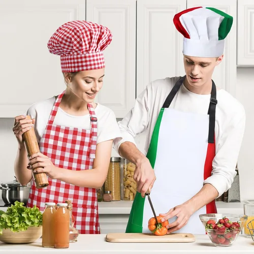 Vista 6 de Toulite 4 piezas de decoración de fiesta temática italiana, juego de disfraz de chef de estilo italiano, sombrero de chef y delantal para mujeres