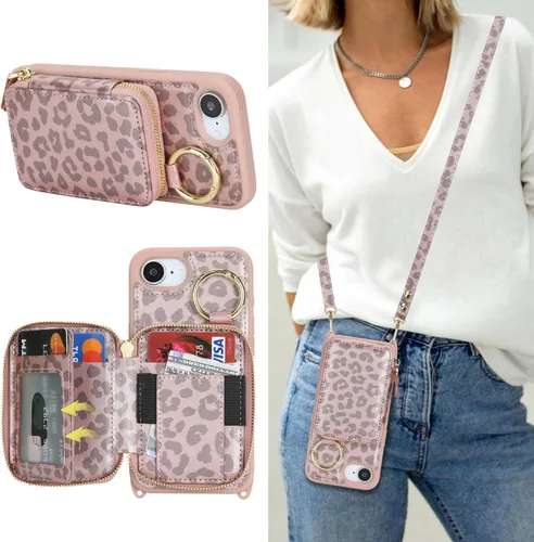 Vista 15 de Funda tipo cartera para iPhone 17e/16e, diseño de leopardo negro Funda de piel sintética con cremallera para bolso, funda con función atril