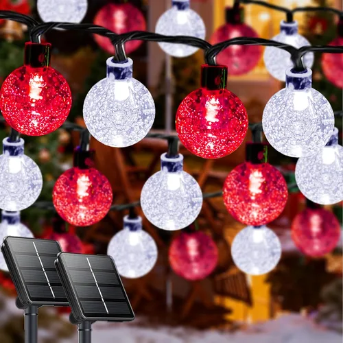 Vista 18 de LORRYTE Tira de luces solares para exteriores, 50 luces LED de 32 pies, impermeables, con energía solar, luces de globo de cristal para exteriores