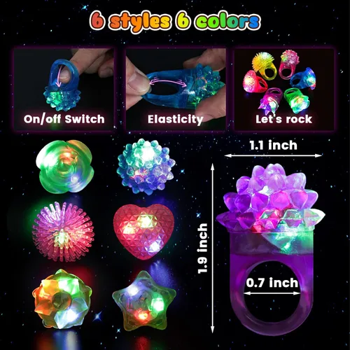Vista 2 de LovesTown 24 anillos iluminados, recuerdos de fiesta para niños, 6 estilos que brillan en la oscuridad, suministros de fiesta para bolsas