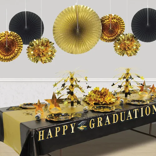 Vista 4 de Beistle 10 abanicos decorativos redondos de papel negro y dorado y lámina metálica para Nochevieja, premios, decoraciones nocturnas, suministros