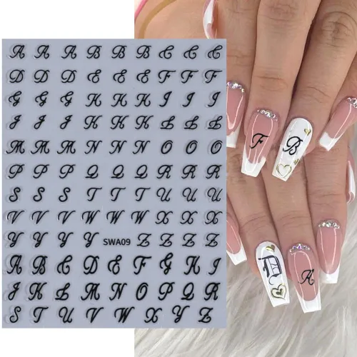 Vista 2 de Calcomanías de uñas con letras, 8 hojas de calcomanías de uñas con letras en inglés antiguo, 3D, autoadhesivas, doradas, plateadas, negras, blancas