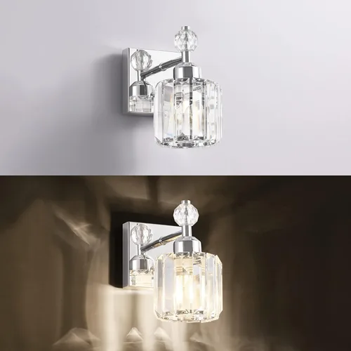 Vista 6 de PRESDE Aplique de pared de cristal único, lámpara de tocador cromada moderna, lámpara de pared de 1 luz para baño, dormitorio, pasillo