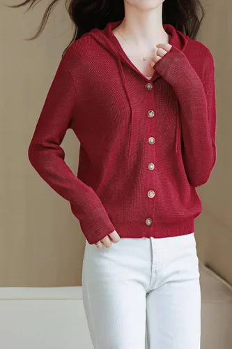 Vista 4 de LAI MENG FIVE CATS Cárdigan casual con capucha para mujer, suéteres de punto de manga larga a la moda 2023