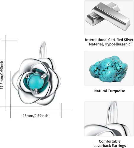 Vista 4 de BDL Joyas de turquesa genuina para mujer, aretes y collares de plata de ley para mujer, aretes colgantes con cierre de palanca