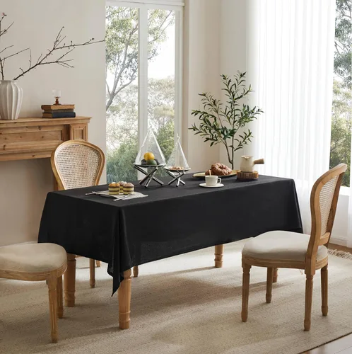 Vista 2 de Mantel de lino para mesa cuadrada, 52 x 52 pulgadas, color negro, mantel negro estilo granja, manteles de arpillera resistentes al agua para mesa
