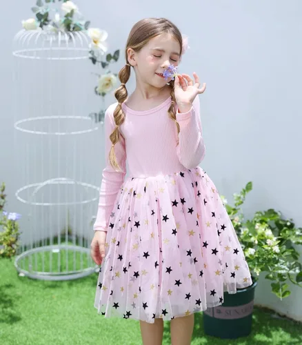 Vista 3 de Vestidos de manga larga tutú para niña, vestido de tul esponjoso para otoño, invierno, rosa y negro, vestidos de 4 a 8 años