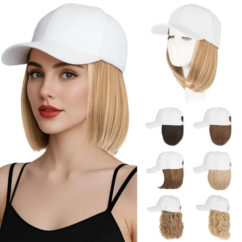 Vista 26 de Hairro Peluca de gorra de béisbol con cabello adjunto, corto estilo Bob ajustable, extensiones de cabello sintético para mujeres, balayage