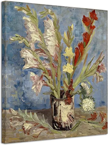 Vista 12 de Wieco Art Jarrón con gladiolos y asteres de China por Van Gogh Famosas pinturas al óleo Reproducción de pinturas al óleo modernas florales Giclée