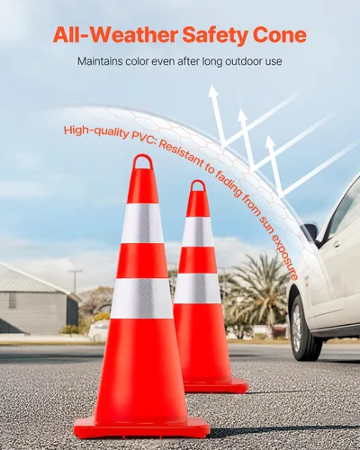 Vista 3 de VEVOR Conos de seguridad, 10 conos de tráfico de 28 pulgadas, conos de construcción naranja de PVC, 2 collares reflectantes con base pesada y anillo