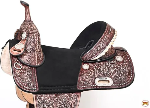 Vista 4 de HILASON Sillín de caballo sin árboles para niños, barril de cuero occidental americano, silla de montar de caballo silla de montar occidental