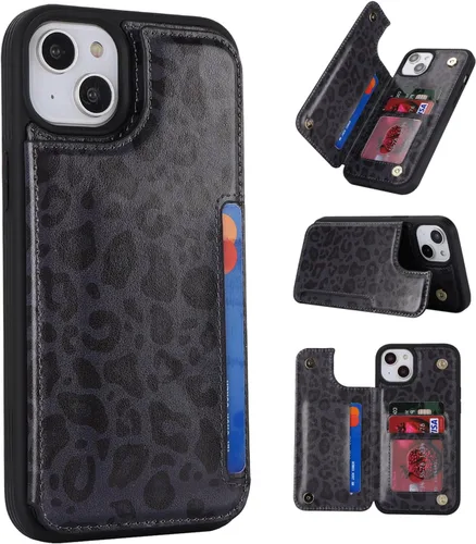 Vista 15 de iCoverCase Funda protectora de piel sintética compatible con iPhone 14 Plus con tarjetero, para mujeres y hombres, bloqueo RFID, funda protectora