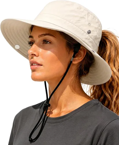 Vista 8 de Sombrero de sol para mujer con agujero para cola de caballo, ala ancha, UPF 50+, impermeable, plegable, con correa para la barbilla, para Blanco
