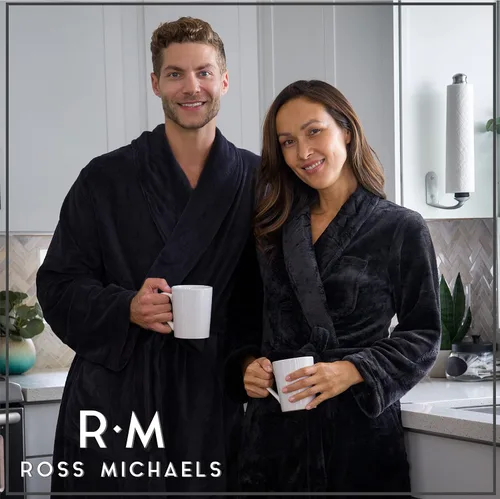 Vista 2 de Ross Michaels Mens Robe Shawl Collar Wrap Style - Mid Length Plush Fleece Bathrobe Negro