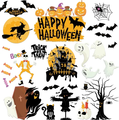 Vista 4 de Decoración de Halloween para decoración de Halloween, 6 hojas de cuervos de doble cara, murciélagos, arañas, fantasmas, calcomanías de vidrio