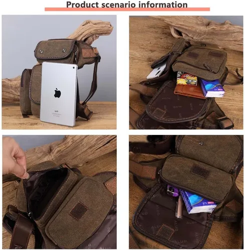 Vista 4 de Riñonera de lona para hombres y mujeres, cangurera táctica militar, bolsa de muslo para senderismo, escalada, ciclismo., Marrón, Riñonera de pierna