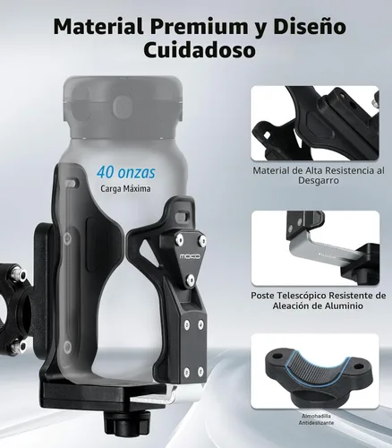 Vista 3 de MoKo Soporte para botella de agua para bicicleta, jaula ajustable para botella de agua de 1.9-3.6 pulgadas de diámetro, para manillar y marco, Negro