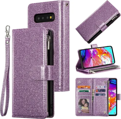 Vista 8 de UEEBAI Funda tipo cartera para Samsung Galaxy S10 Plus, Cartera de piel sintética con cierre magnético, funda de bolsillo con cremallera, ranuras