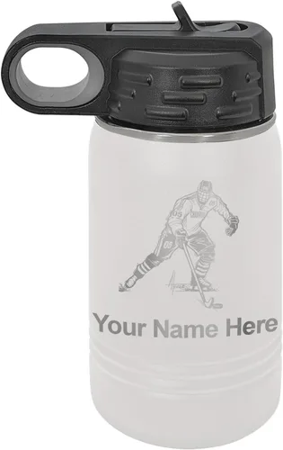 Vista 11 de LaserGram Botella de agua personalizada, jugador de hockey, acero inoxidable de doble pared aislada al vacío con popote superior, regalo grabado