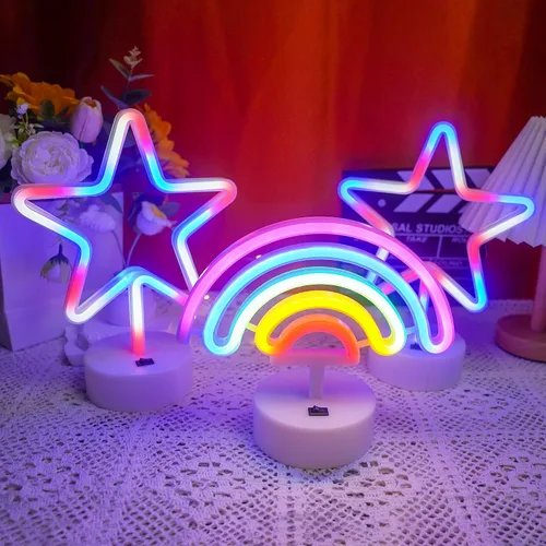 Vista 6 de Letrero de neón arcoíris con base, letreros de luz de neón arcoíris, lámpara LED para habitación de bebé, luces de noche de mesa alimentadas por USB