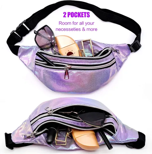Vista 2 de Riñonera holográfica de moda para regalo del día de la madre, bolsa de cintura deportiva morada, cangurera de viaje brillante para trabajo, correr
