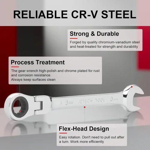 Vista 3 de Jetech Llave de trinquete de cabezal flexible de 8 mm, acero Cr-V de grado industrial, 12 puntos, diseño desviado de la esquina, trinquete de 72