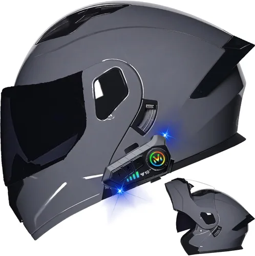 Vista 15 de Casco modular Bluetooth para motocicleta, aprobado por DOT, de cara completa, abatible, antivaho, doble visera, casco de motocicleta de calle, LENTE