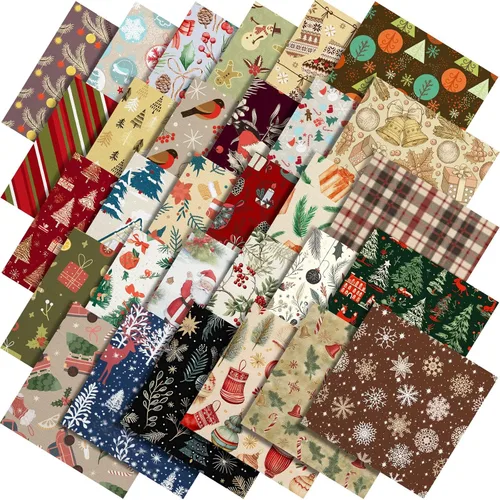 Vista 10 de Shimeyao 60 Piezas Paquetes de Tela de Navidad Costura Acolchado Muñeco de Nieve Papá Noel Alce Copo de Nieve Estampado Cuartos Gruesos Cuadrados