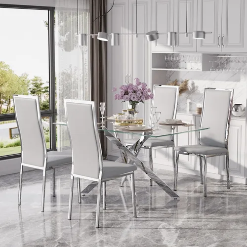 Vista 50 de Juego de mesa de comedor de cristal dorado moderno de 63 pulgadas para 6, juego de mesa de cocina rectangular de 7 piezas con patas de acero Negro