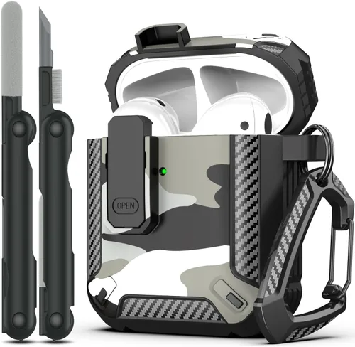 Vista 10 de RFUNGUANGO Funda para AirPod de 2ª generación con kit de limpieza, armadura protectora de carcasa dura militar con bloqueo para funda de carga