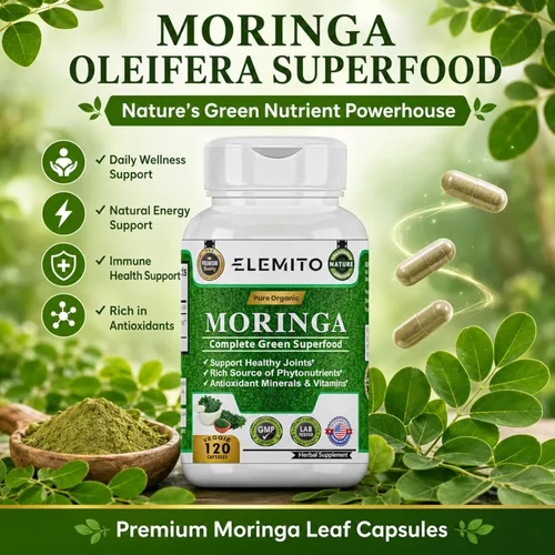 Vista 3 de Moringa Oleifera Cápsulas de 1000 mg Polvo de hoja de moringa pura Superalimento verde para el metabolismo y el apoyo inmunológico Sin OMG
