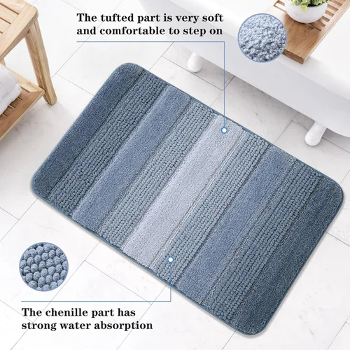 Vista 3 de Kmson Juego de 3 alfombras de baño de chenilla ombré, antideslizantes, ultra suaves, lavables, alfombras de baño peludas para bañera, tapete de Azul