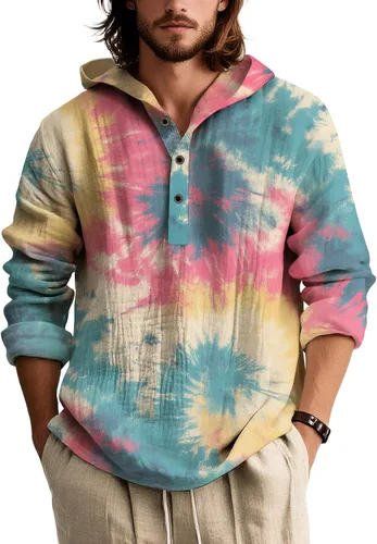 Vista 18 de Camisas de manga larga con estampado de teñido anudado para hombre, sudadera con capucha de 3 botones, sudadera retro cómoda con capucha