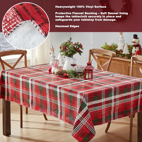 Vista 4 de Newbridge Burke - Mantel de vinilo con estampado navideño de cuadros rojos y verdes, clásico de Navidad, fácil cuidado, cuadrado de 52 x 52