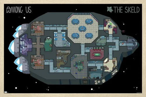 Vista 7 de Among Us - Póster de pared Skeld Map, 22.4 pulgadas de largo x 14.7 pulgadas de ancho, versión enmarcada de madera de granero