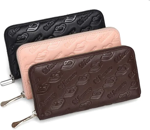 Vista 6 de Cartera RFID de piel de becerro con cremallera en relieve para mujer, rosa con logo, Cartera larga
