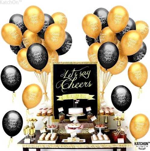 Vista 7 de KatchOn, Globos negros y dorados de Año Nuevo 2026 – Paquete de 50 Globos de látex de Feliz Año Nuevo Globo de látex dorado y negro