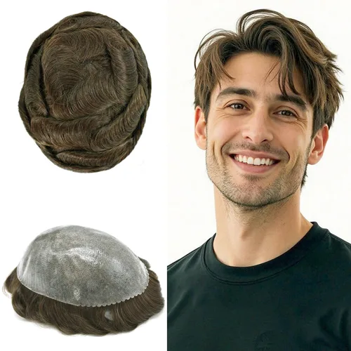 Vista 286 de Toupee para hombre 100% cabello humano real tupé para hombres 0.004 in piel de poliuretano para hombre, sistema de reemplazo de piezas de pelo